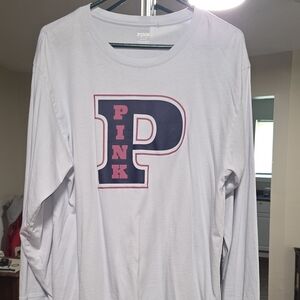 PINK Victoria's Secret White Long Sleeve Tee with Pink and Blue Logo